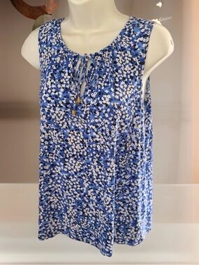 Michael Kors, Size Medium Sleeveless, Blue Floral Tie-Neck Top, All occasion EUC